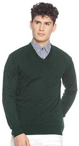 513 Solid V Neck Casual Men Green Sweater