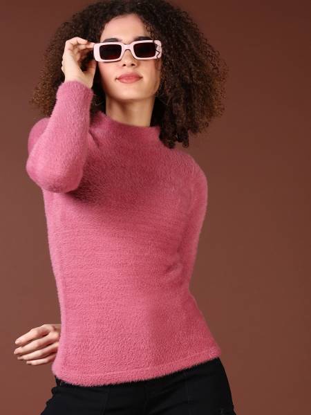 V-MART Solid Turtle Neck Casual Women Pink Sweater