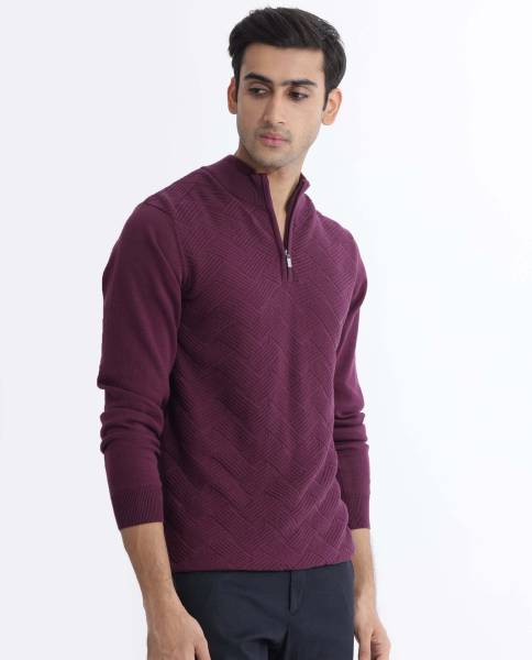 RARE RABBIT Solid High Neck Casual Men Maroon Sweater