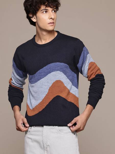 Roadster Self Design Round Neck Casual Men Blue Sweater