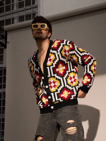 FUGAZEE Printed V Neck Casual Men Multicolor Sweater