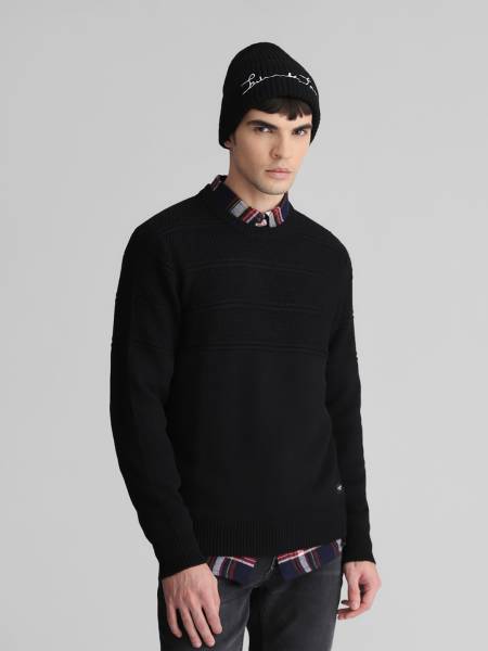 JACK & JONES Solid Round Neck Casual Men Black Sweater