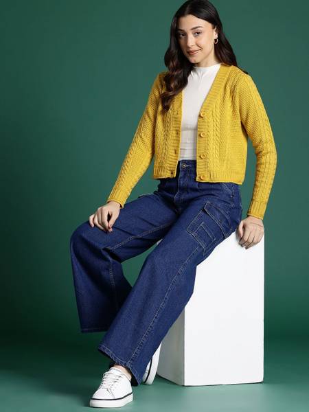 Dressberry Self Design V Neck Casual Women Yellow Sweater