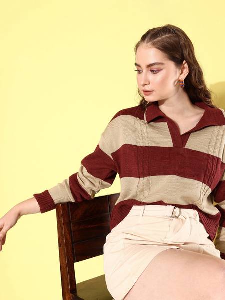Mast & Harbour Striped Casual Women Maroon Sweater