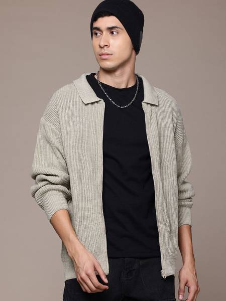 Roadster Self Design Collared Neck Casual Men Beige Sweater