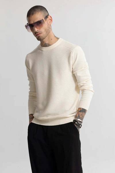 Snitch Self Design Crew Neck Casual Men White Sweater