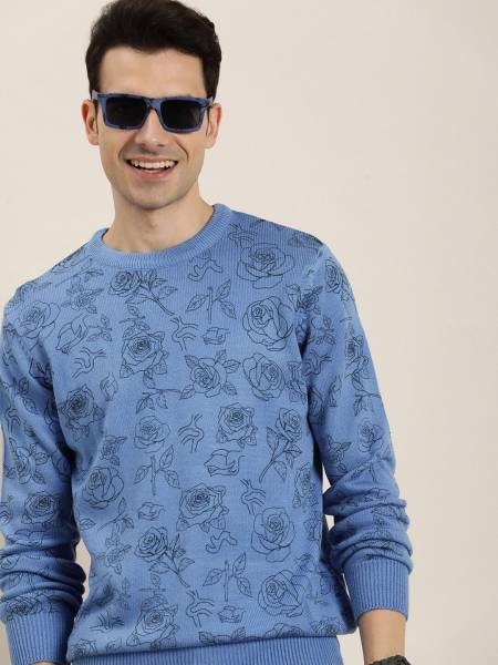 HERE&NOW Self Design Round Neck Casual Men Blue Sweater