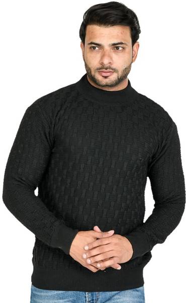 Urban Street Woven High Neck Casual Men Black Sweater
