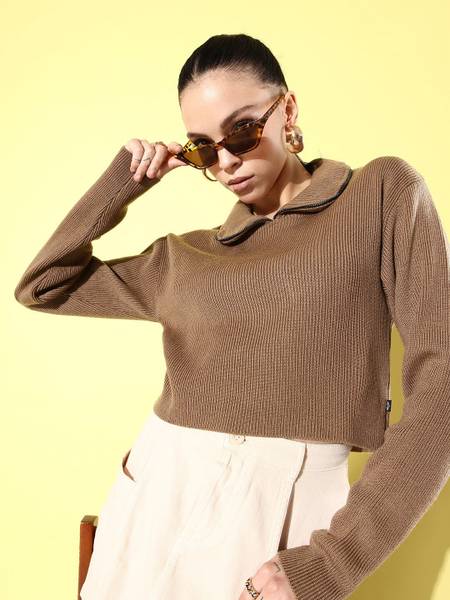 Roadster Self Design Casual Women Brown Sweater