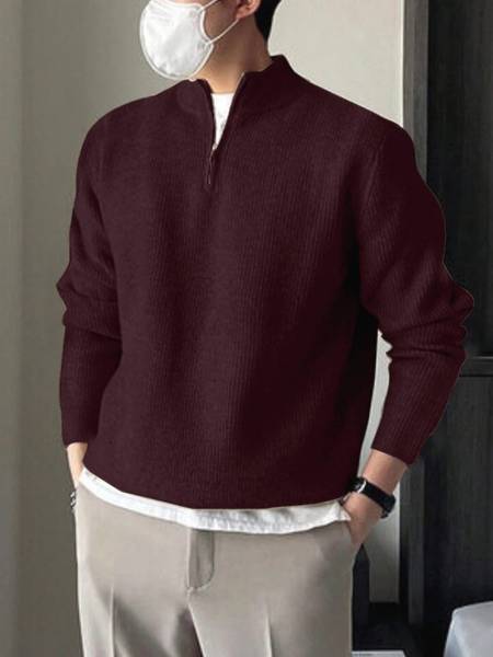 COLORCHAKRA Self Design High Neck Casual Men Maroon Sweater
