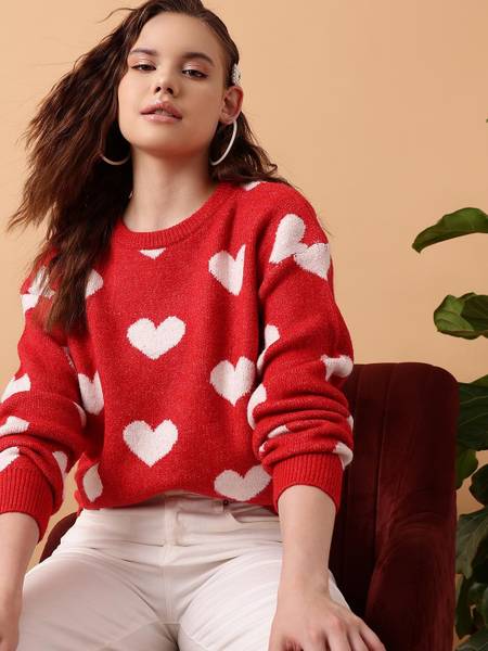 STREET9 Solid Round Neck Casual Women Red Sweater