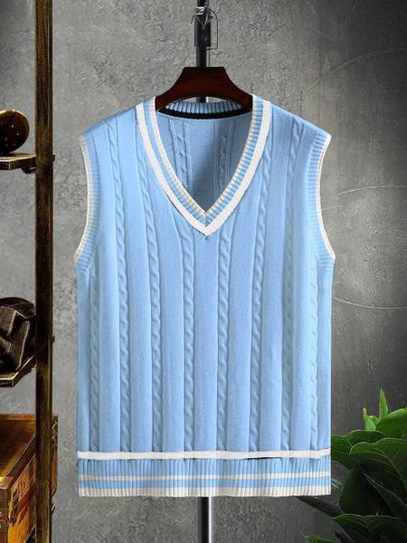 Eddicted Self Design V Neck Casual Men Blue Sweater