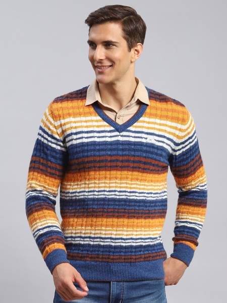 MONTE CARLO Striped V Neck Casual Men Dark Blue Sweater