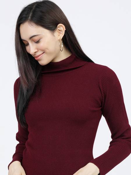 Tokyo Talkies Solid Turtle Neck Casual Women Brown Sweater