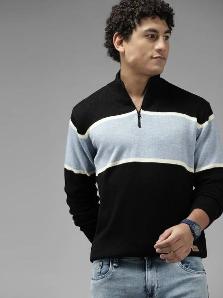 Roadster Colorblock High Neck Casual Men Black, Blue Sweater