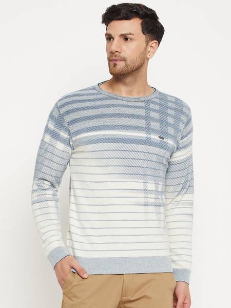 DUKE Woven Round Neck Casual Men Blue, White Sweater