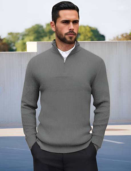 ColorChakra Solid Collared Neck Casual Men Grey Sweater