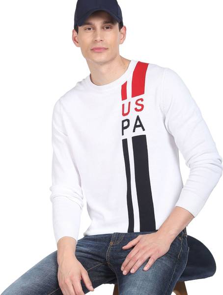 U.S. POLO ASSN. Striped Round Neck Casual Men White Sweater