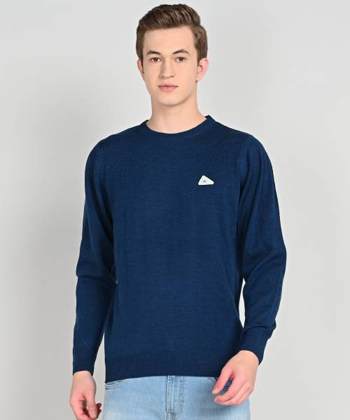 MONTE CARLO Solid Round Neck Casual Men Blue Sweater Price History