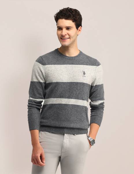 U.S. POLO ASSN. Graphic Print Crew Neck Casual Men Grey Sweater