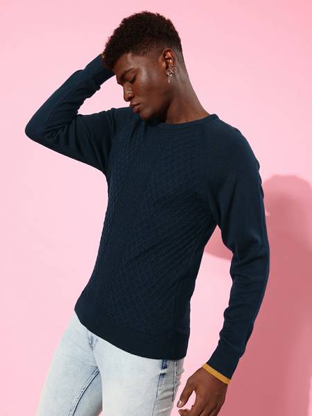 Mast Harbour Self Design Round Neck Casual Men Dark Blue Sweater