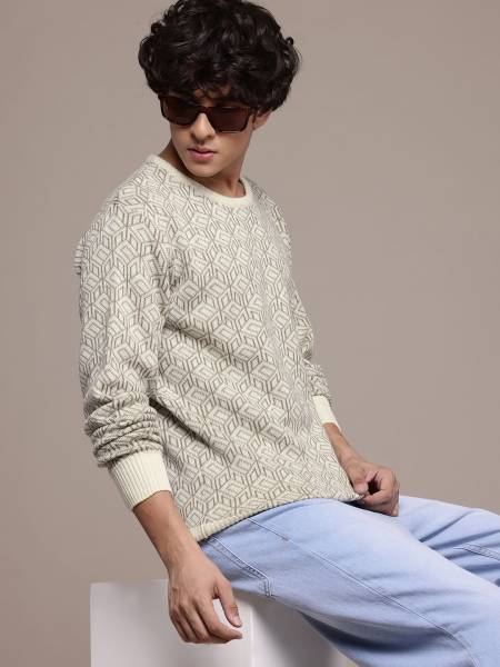 Roadster Self Design Round Neck Casual Men Beige Sweater