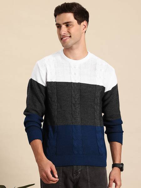 Mast & Harbour Colorblock Round Neck Casual Men Black Sweater