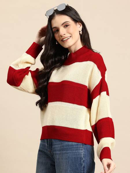 Mast & Harbour Printed Round Neck Casual Women Red Sweater