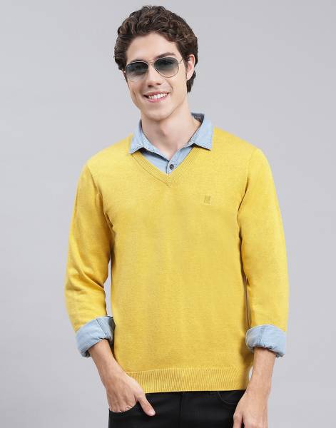 MONTE CARLO Solid V Neck Casual Men Yellow Sweater