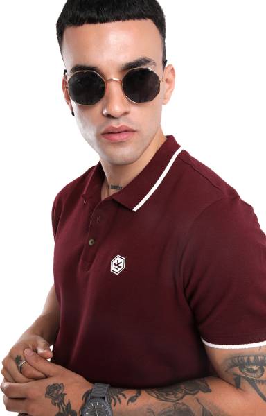 WROGN Solid Men Polo Neck Maroon T-Shirt