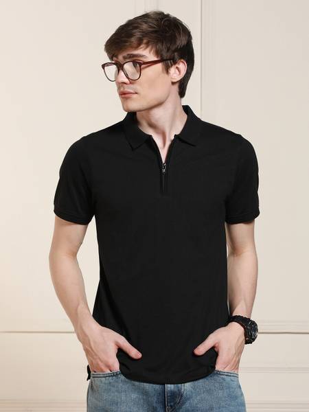 Dennis Lingo Solid Men Polo Neck Black T-Shirt