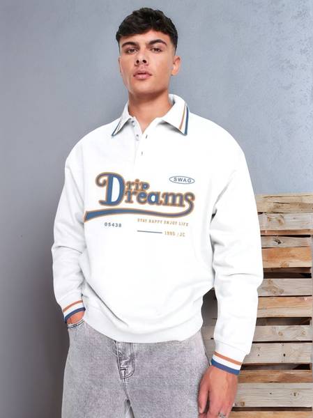 Jump Cuts Printed Men Polo Neck White T-Shirt