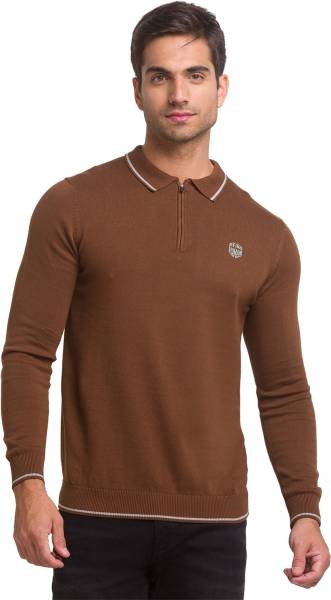 BEING HUMAN Solid, Printed Men Polo Neck Brown T-Shirt