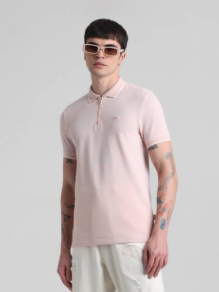 JACK & JONES Solid Men Polo Neck Pink T-Shirt