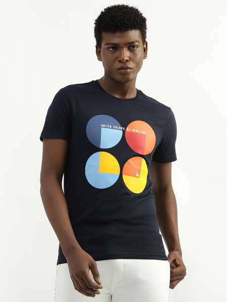 United Colors of Benetton Printed Men Round Neck Blue T-Shirt