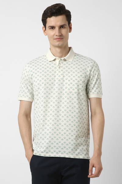 PETER ENGLAND Printed Men Polo Neck Beige T-Shirt