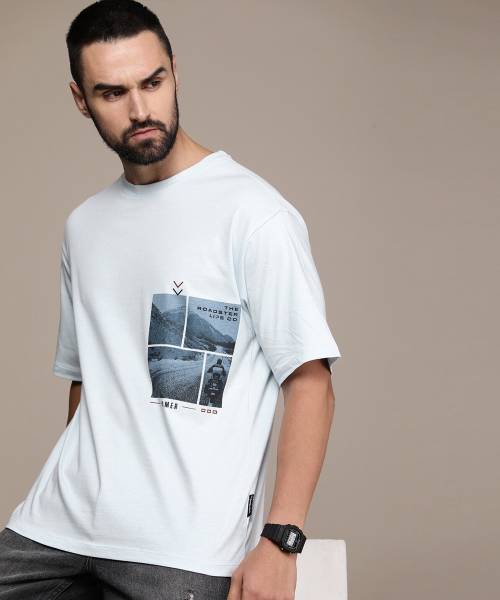 Roadster Printed Men Round Neck Blue T-Shirt