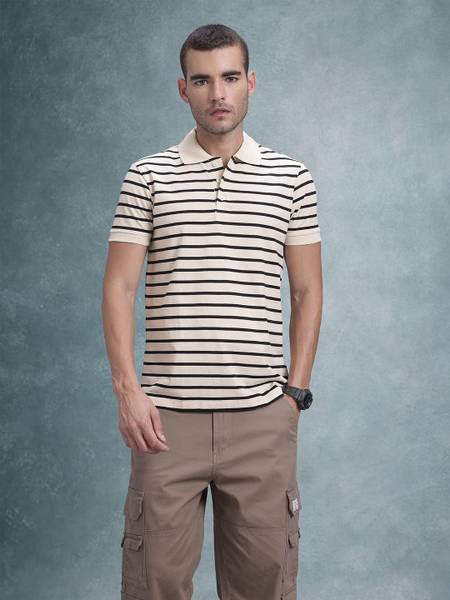 Roadster Striped Men Polo Neck Beige T-Shirt