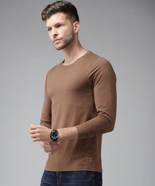 Roadster Solid Men Round Neck Brown T-Shirt