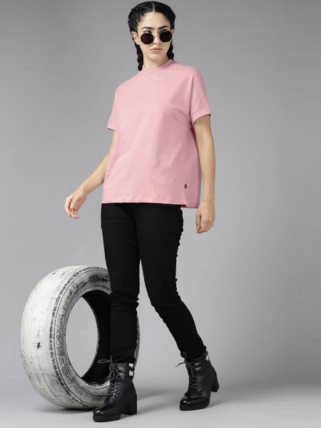 Roadster Solid Women Round Neck Pink T-Shirt