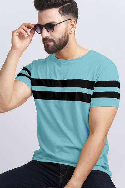 AUSK Striped Men Round Neck Light Blue, Black T-Shirt