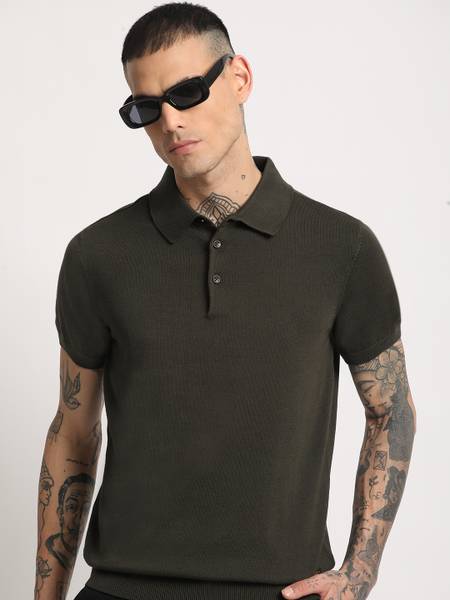 THE BEAR HOUSE Solid Men Polo Neck Dark Green T-Shirt