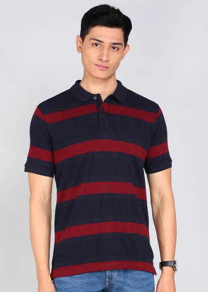 PETER ENGLAND Striped Men Polo Neck Blue T-Shirt