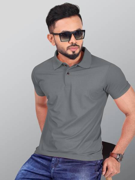 INDICLUB Solid Men Polo Neck Grey T-Shirt