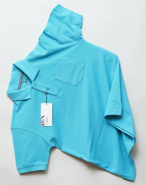 N AND J Solid Men Polo Neck Blue T-Shirt