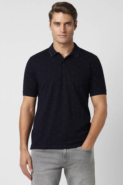 PETER ENGLAND Printed Men Polo Neck Navy Blue T-Shirt