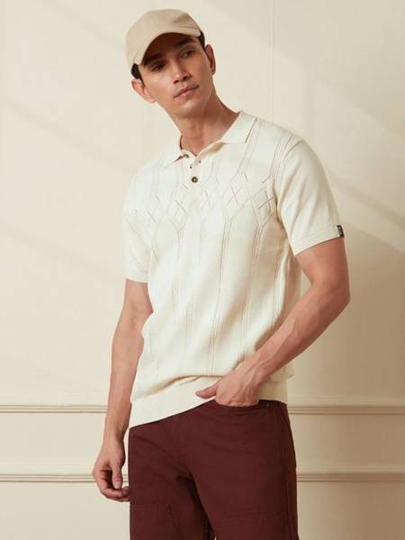 WROGN Self Design Men Polo Neck Beige T-Shirt