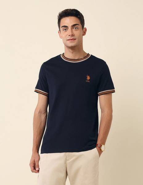 U.S. POLO ASSN. Solid Men Round Neck Blue T-Shirt