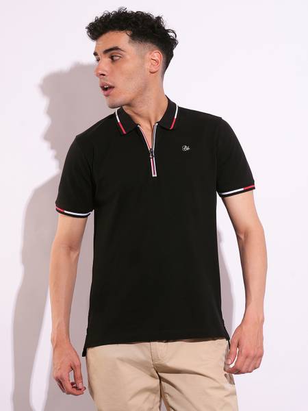 BEING HUMAN Solid Men Polo Neck Black T-Shirt