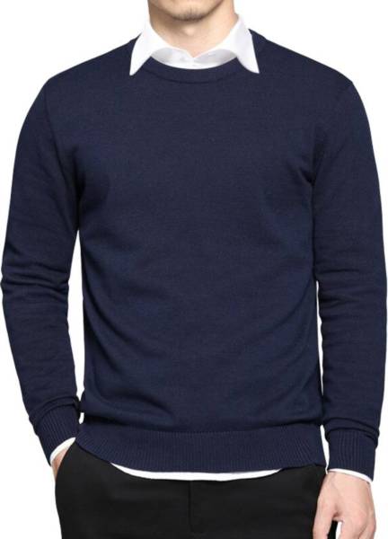 Jump Cuts Solid Men Round Neck Dark Blue, White T-Shirt